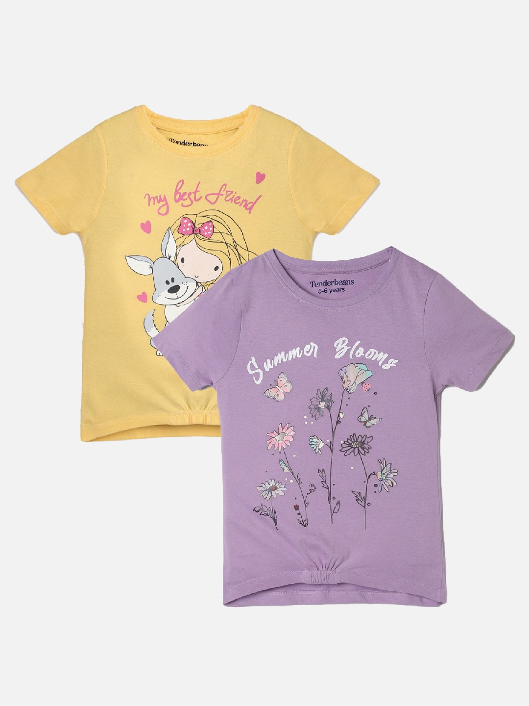 

UrbanMark Girls Pack Of 2 Graphic Printed Pure Cotton T-shirt, Yellow