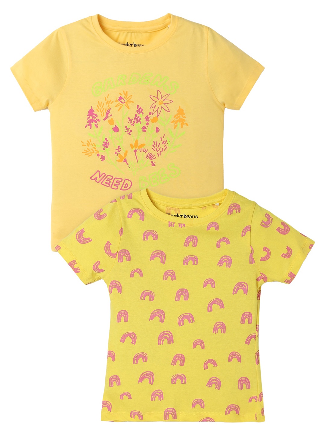

UrbanMark Girls Pack Of 2 Conversational Printed Pure Cotton T-shirt, Yellow