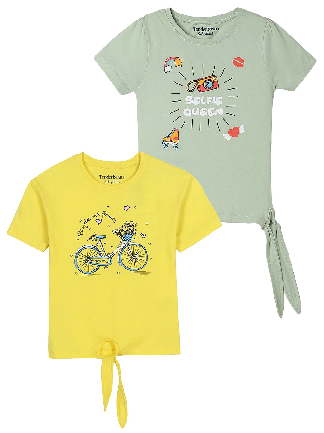

UrbanMark Girls Pack of 2 Graphic Printed Pure Cotton T-shirt, Yellow