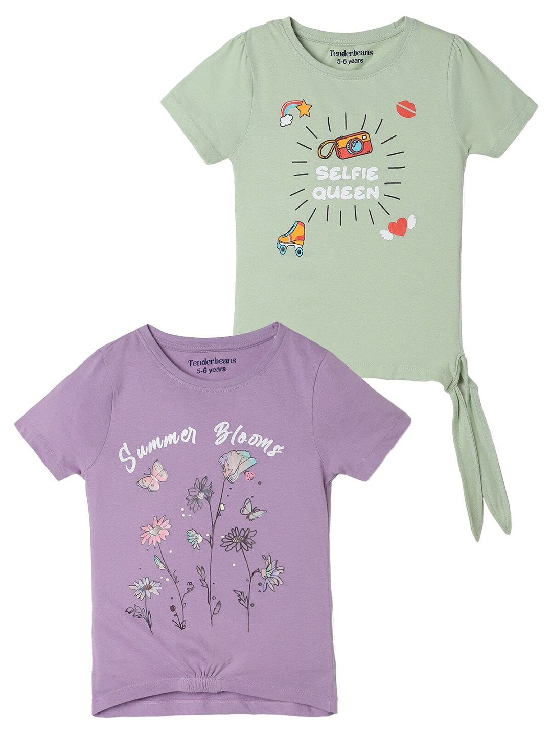 

UrbanMark Girls Pack Of 2 Typography Printed Pure Cotton T-shirt, Green