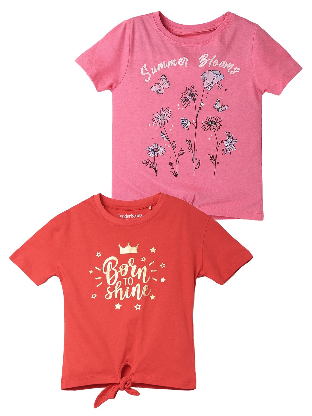 

UrbanMark Girls Pack Of 2 Graphic Printed Pure Cotton T-shirt, Pink