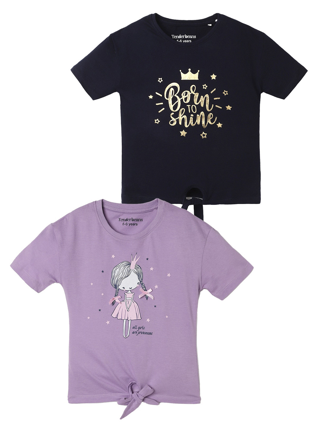 

UrbanMark Girls Pack of 2 Printed Pure Cotton Short Sleeved T-shirts, Navy blue