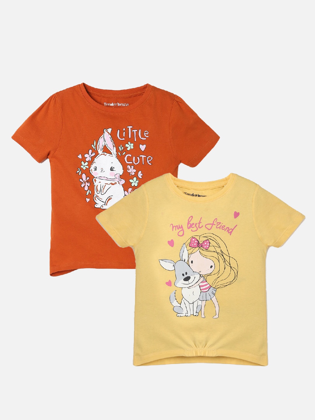 

UrbanMark Girls Pack Of 2 Graphic Printed Cotton T-shirt, Yellow