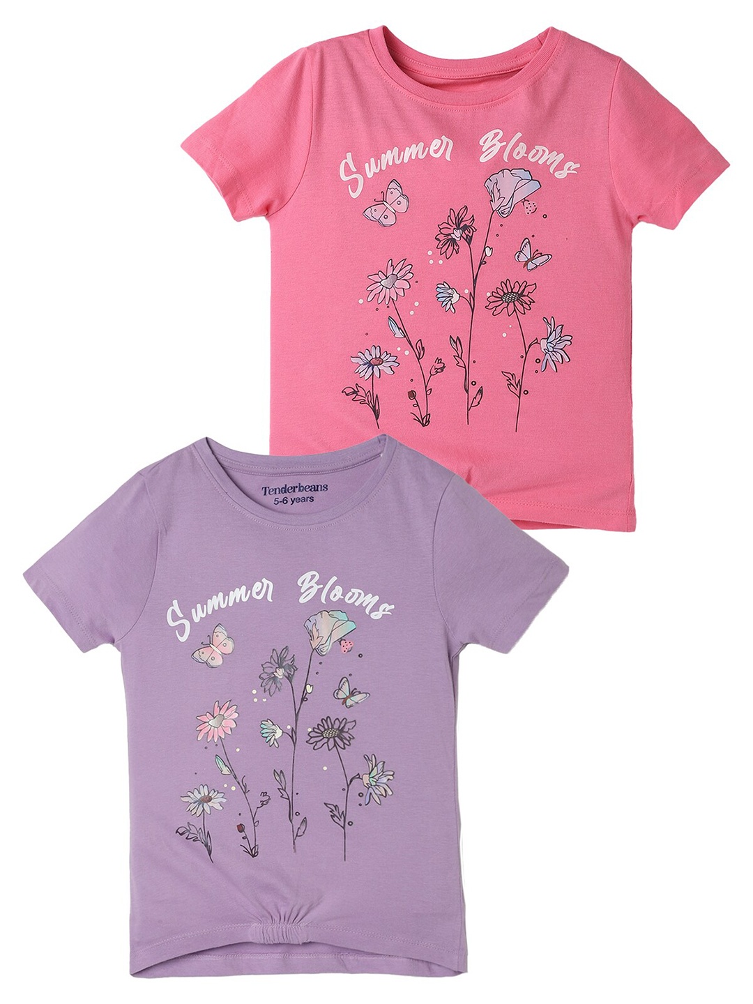 

UrbanMark Girls Pack Of 2 Floral Printed Pure Cotton T-shirt, Pink