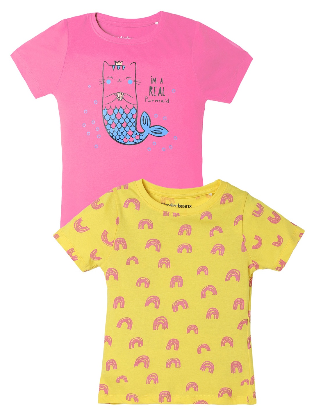 

UrbanMark Girls Pack Of 2 Graphic Printed Pure Cotton T-shirt, Pink