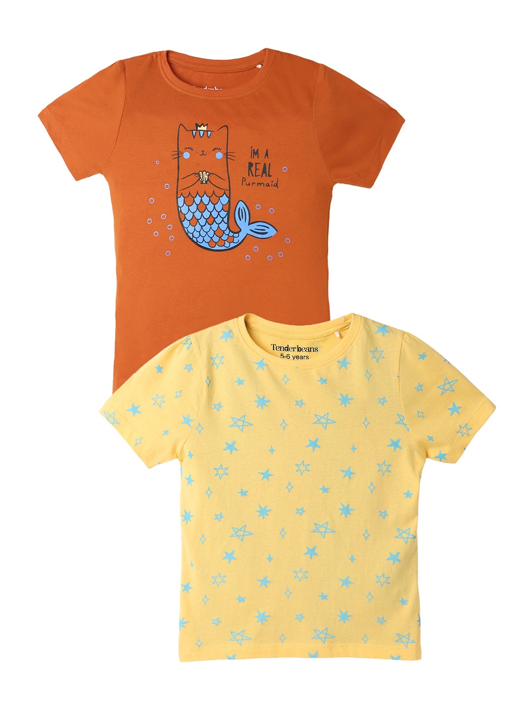 

UrbanMark Girls Pack Of 2 Graphic Printed Pure Cotton T-shirt, Orange