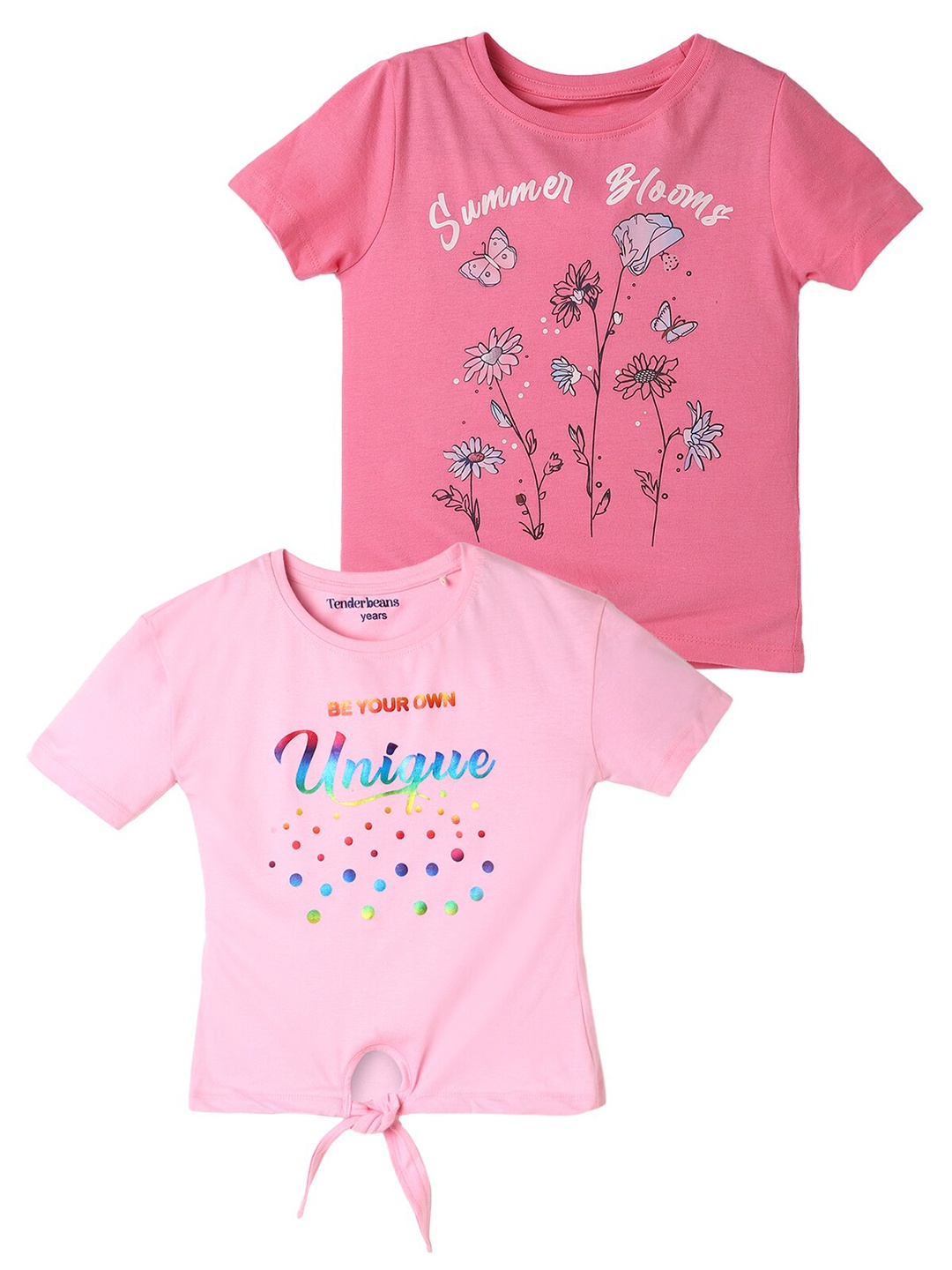 

UrbanMark Girls Pack Of 2 Typography Printed Pure Cotton T-shirt, Pink