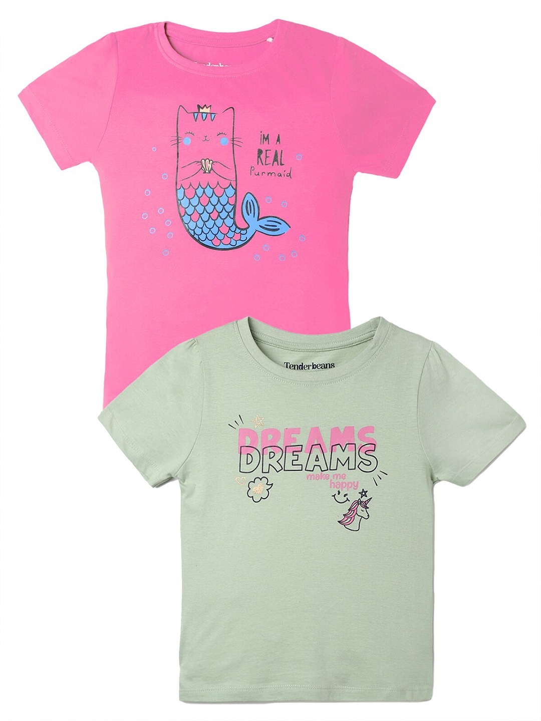 

UrbanMark Girls Pack Of 2 Graphic Printed Cotton T-shirt, Green