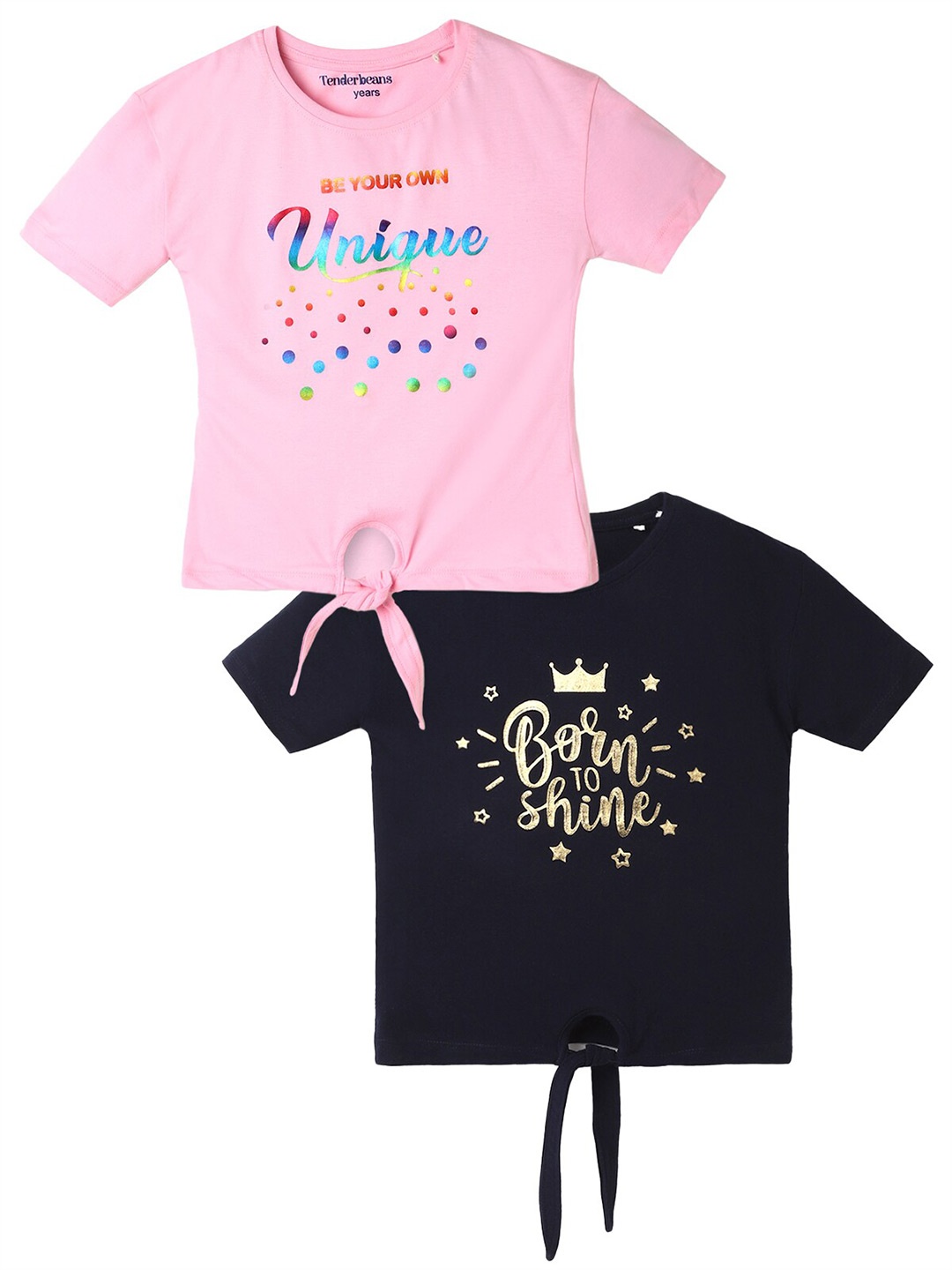 

UrbanMark Girls Pack Of 2 Round Neck Puff Sleeve Cotton Regular Tops, Pink