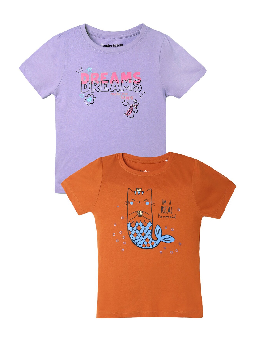 

UrbanMark Girls Pack of 2 Typography Printed Cotton T-shirt, Purple