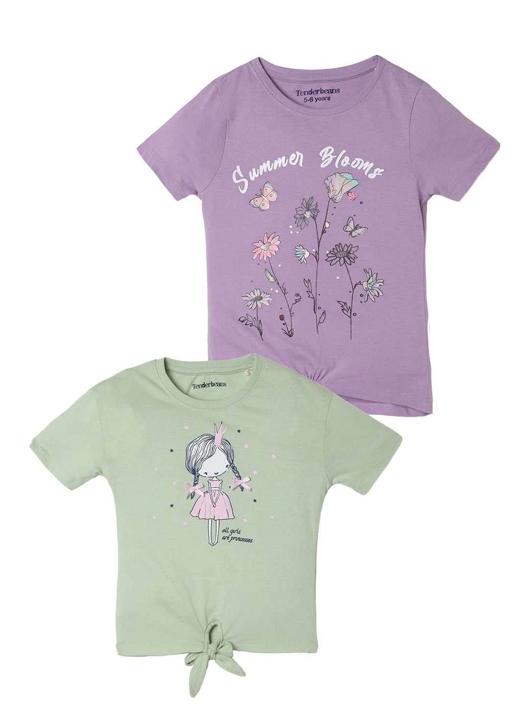 

UrbanMark Girls Pack Of 2 Graphic Printed Pure Cotton T-shirt, Green