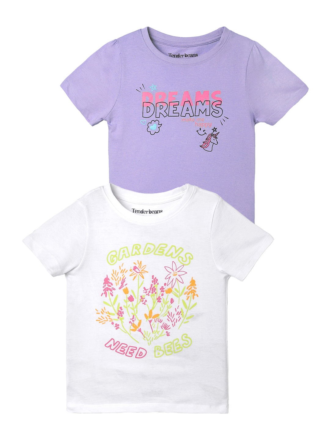 

UrbanMark Girls Pack Of 2 Printed Pure Cotton T-shirts, Lavender