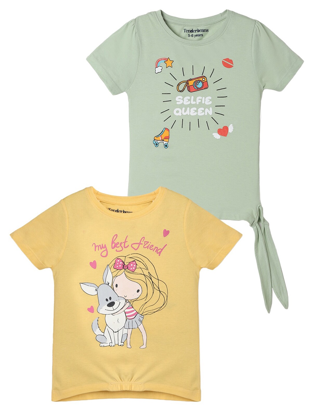 

UrbanMark Girls Pack Of 2 Printed Round Neck Cotton Regular Fit Tops, Green