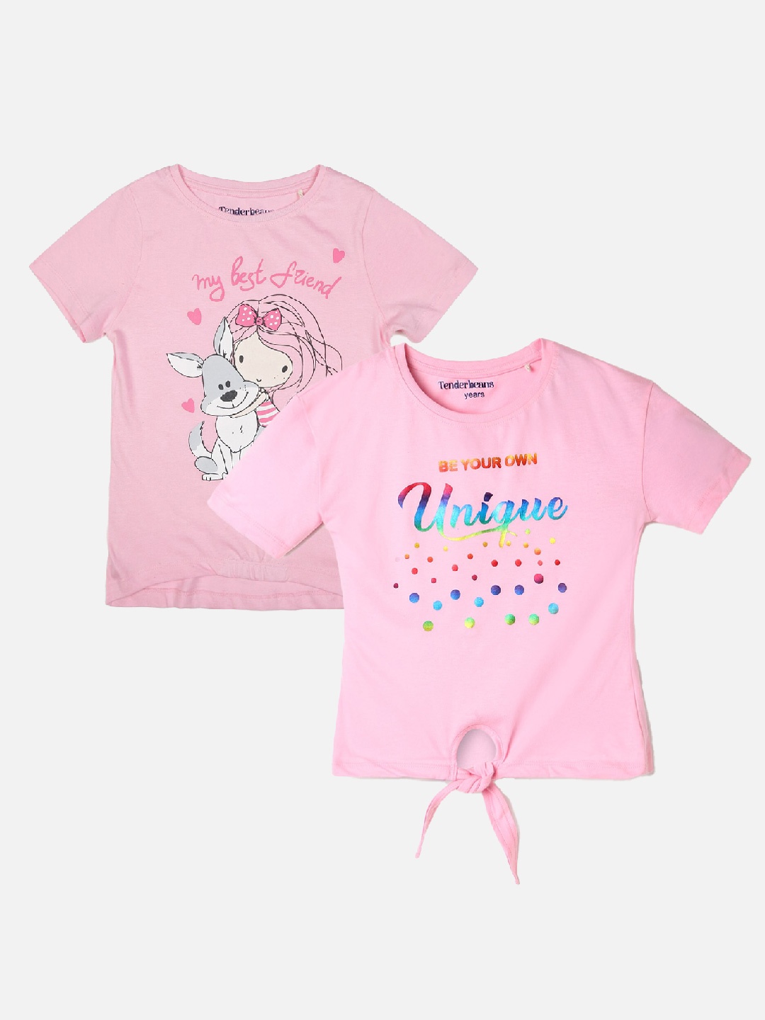 

UrbanMark Girls Pack Of 2 Typography Printed Pure Cotton T-shirt, Pink