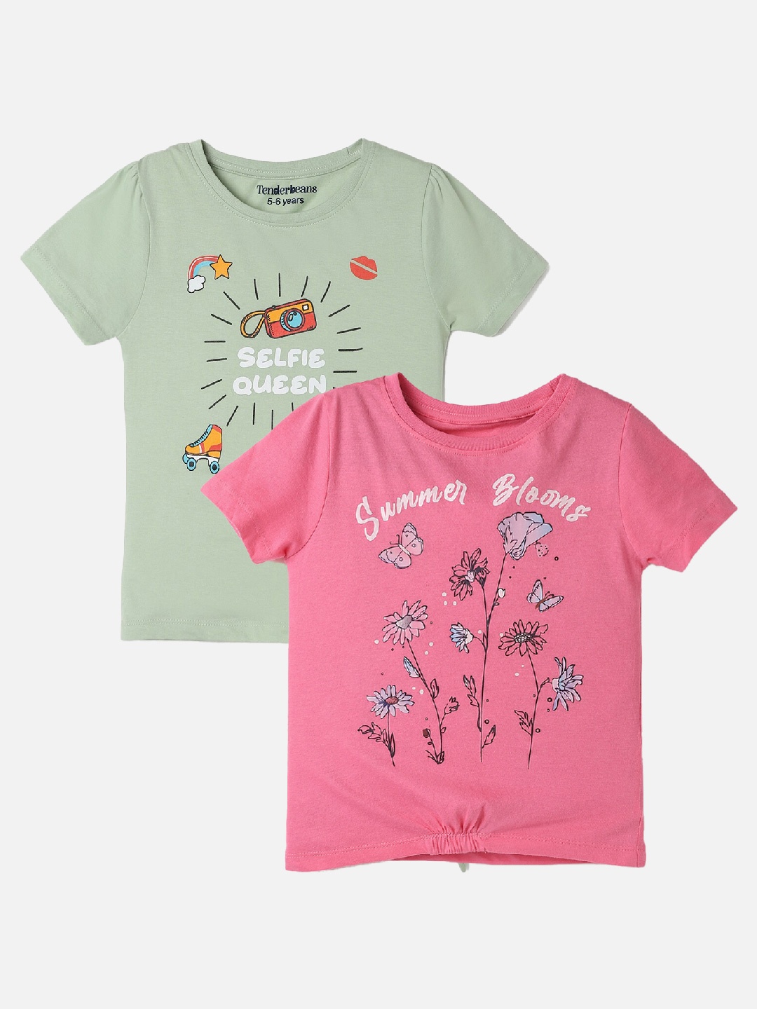 

UrbanMark Girls Pack Of 2 Typography Printed Pure Cotton T-shirt, Green