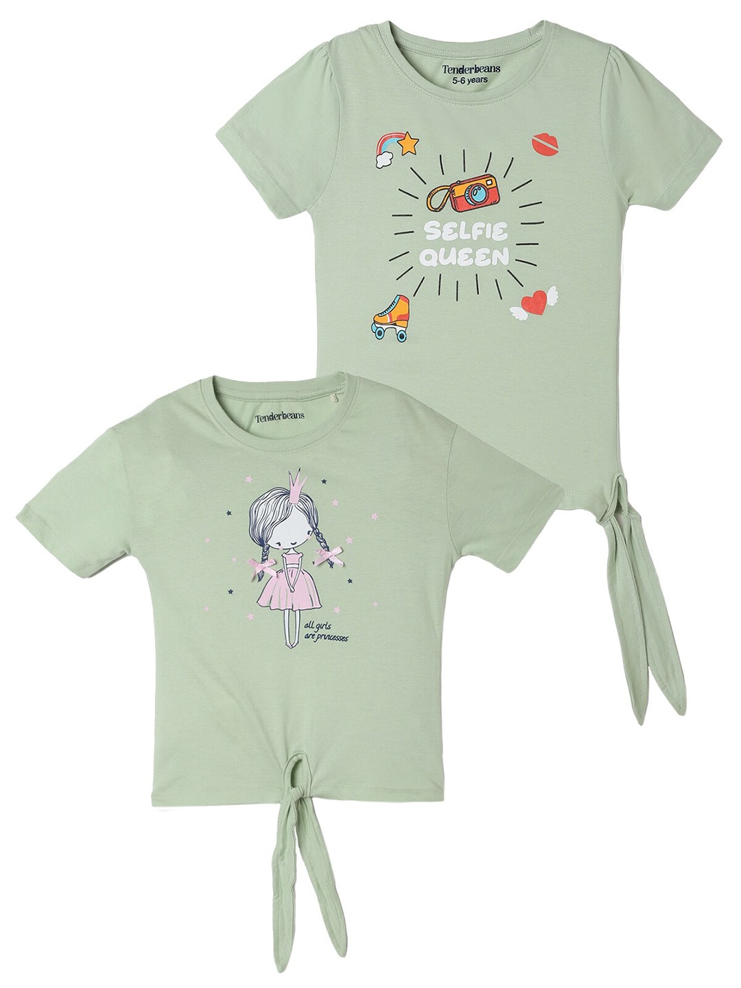 

UrbanMark Girls Pack of 2 Graphic Printed Pure Cotton T-shirt, Green