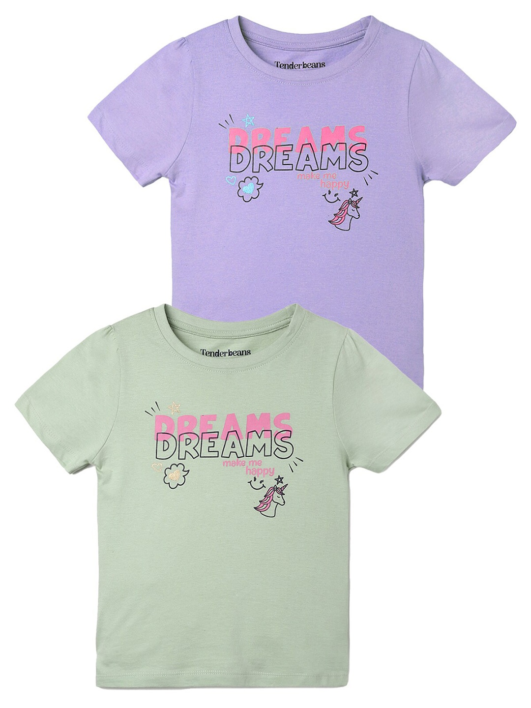 

UrbanMark Girls Pack Of 2 Typography Printed Pure Cotton T-shirt, Lavender