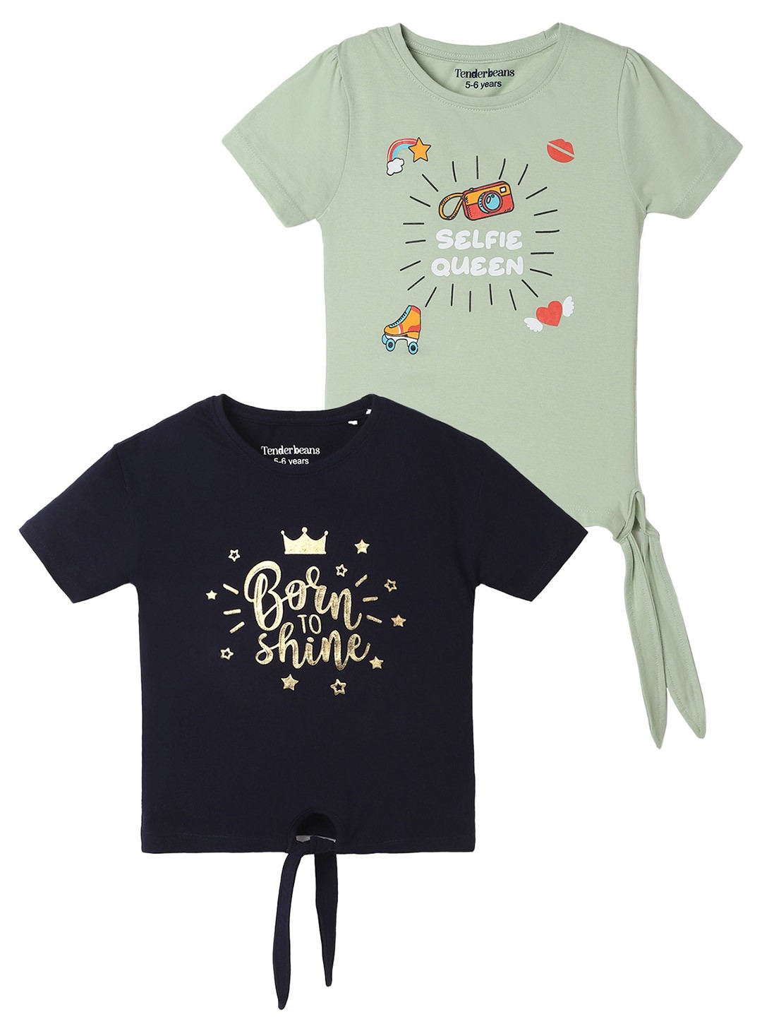 

UrbanMark Girls Pack of 2 Typography Printed Pure Cotton T-shirt, Green