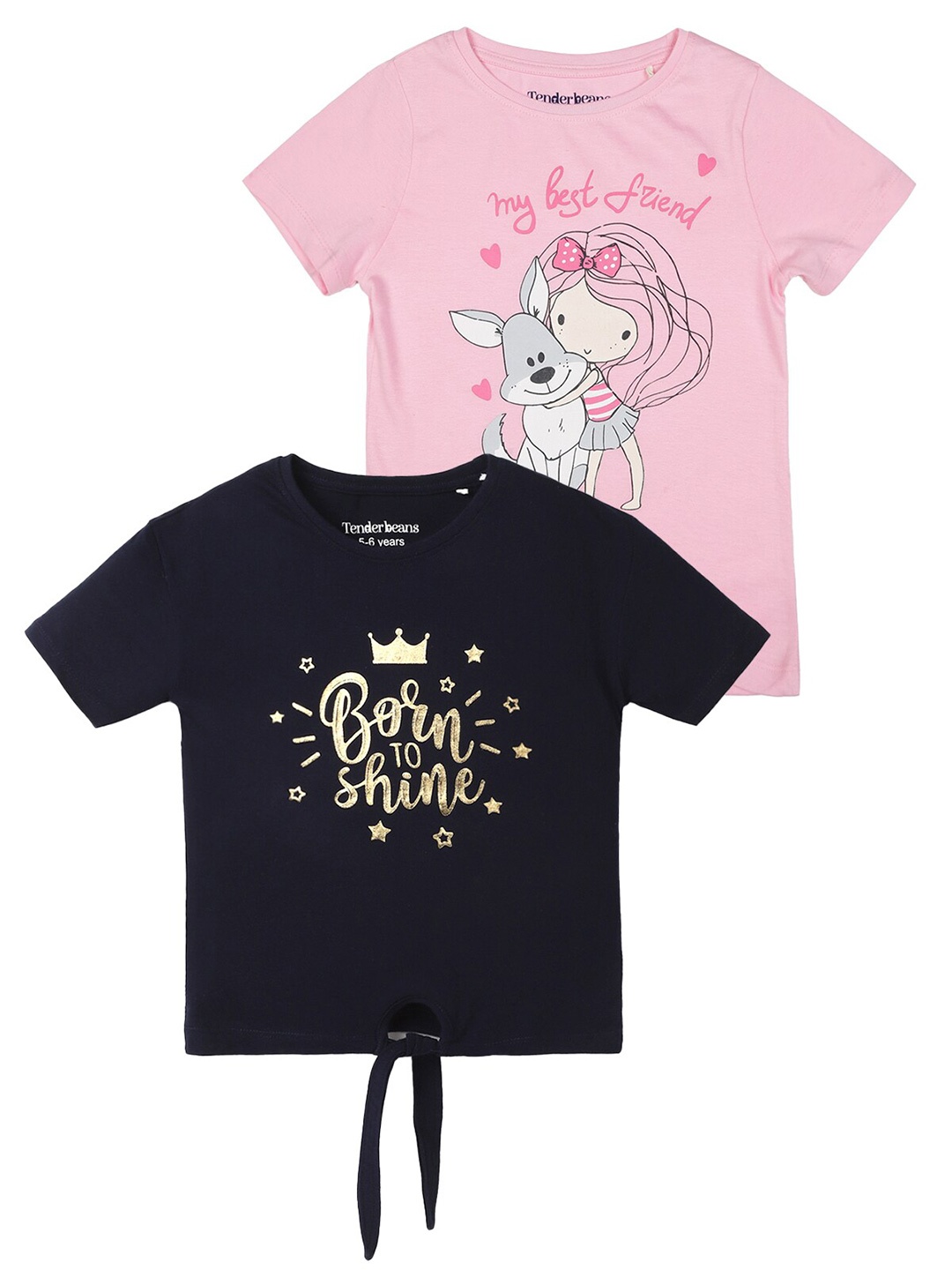 

UrbanMark Girls Pack of 2 Printed Pure Cotton T-shirt, Black