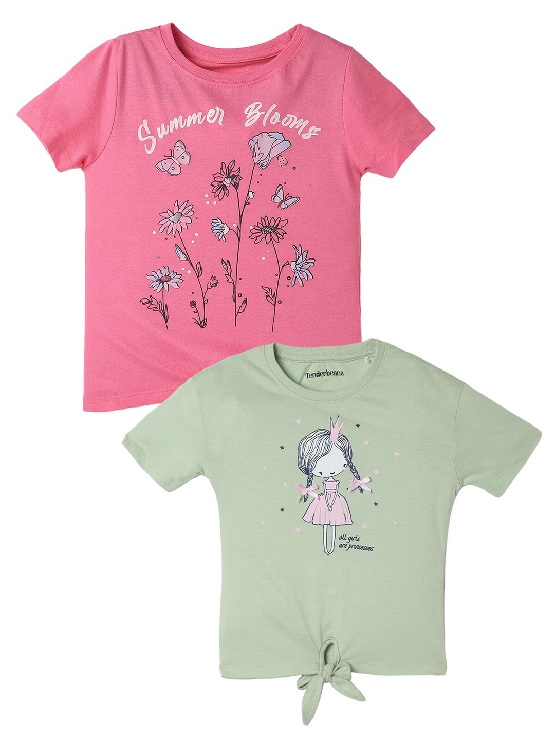 

UrbanMark Girls Pack Of 2 Graphic Printed Pure Cotton T-shirt, Pink
