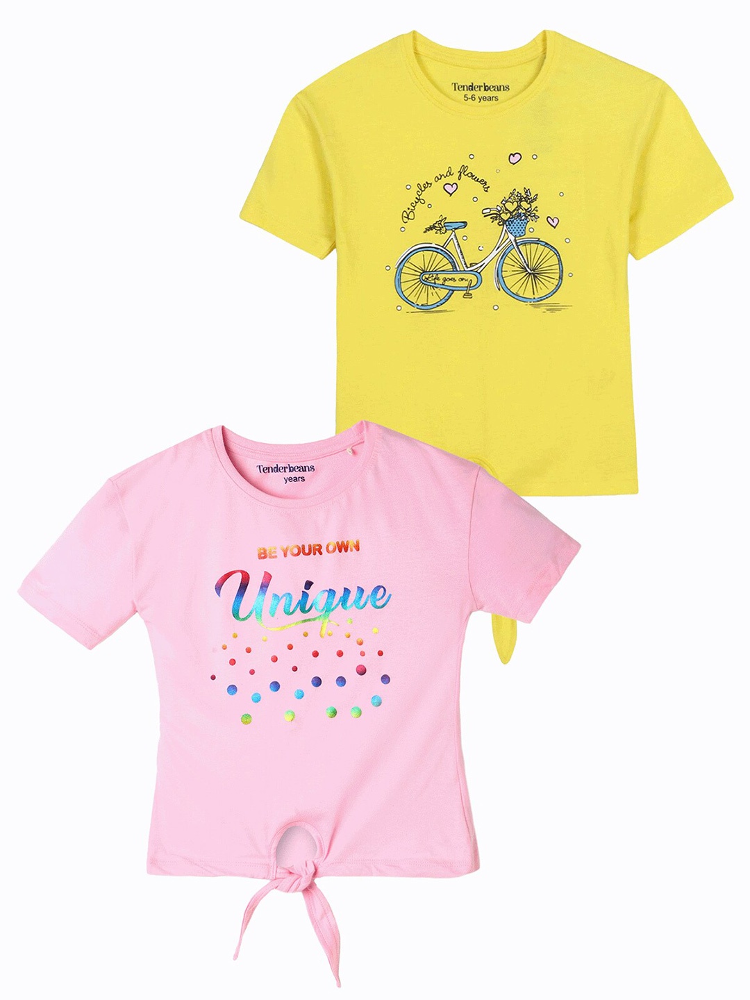 

UrbanMark Girls Pack Of 2 Graphic Printed Pure Cotton T-shirt, Yellow