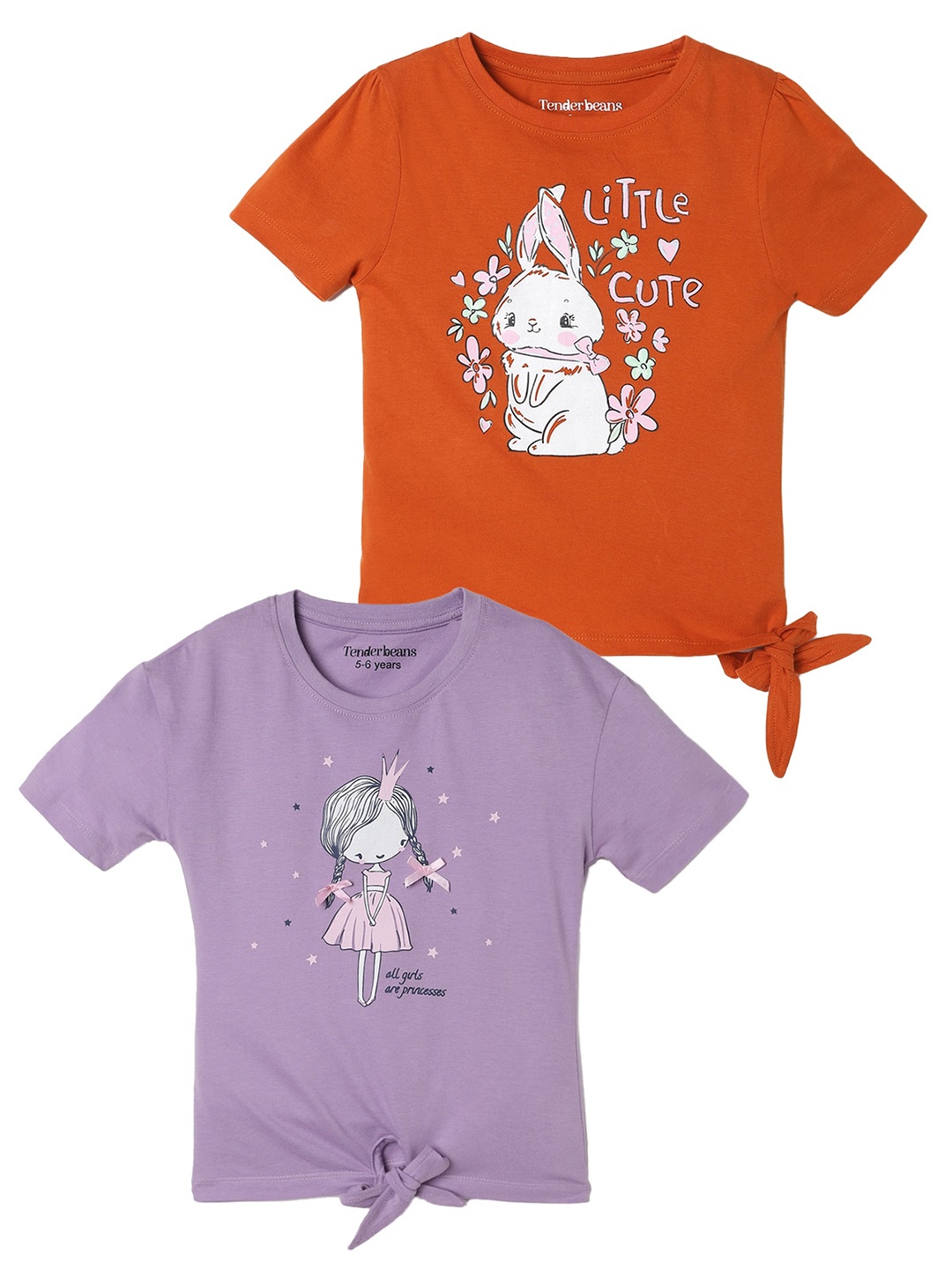 

UrbanMark Girls Pack Of 2 Graphic Printed Pure Cotton T-shirt, Orange