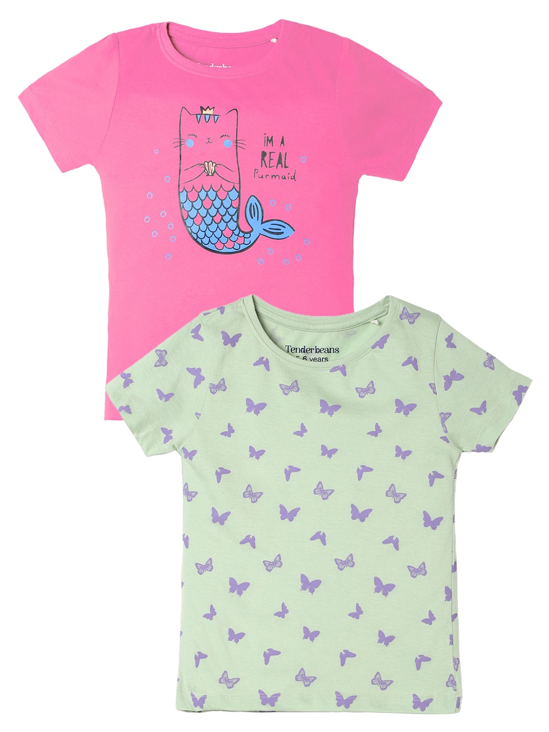 

UrbanMark Girls Pack Of 2 Printed Round Neck Cotton Regular Fit T-shirts, Pink