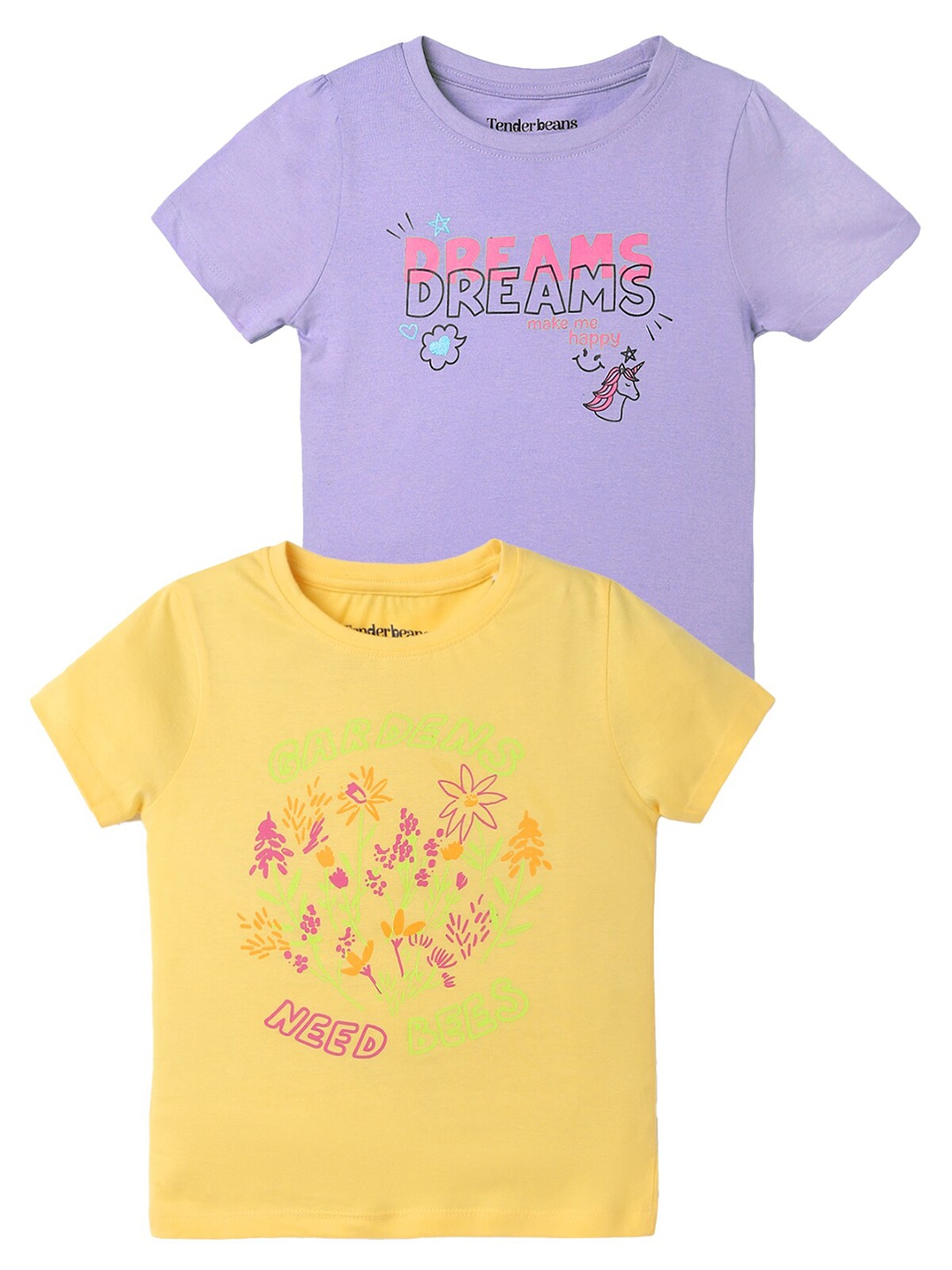 

UrbanMark Girls Pack of 2 Typography Printed Cotton T-shirt, Purple
