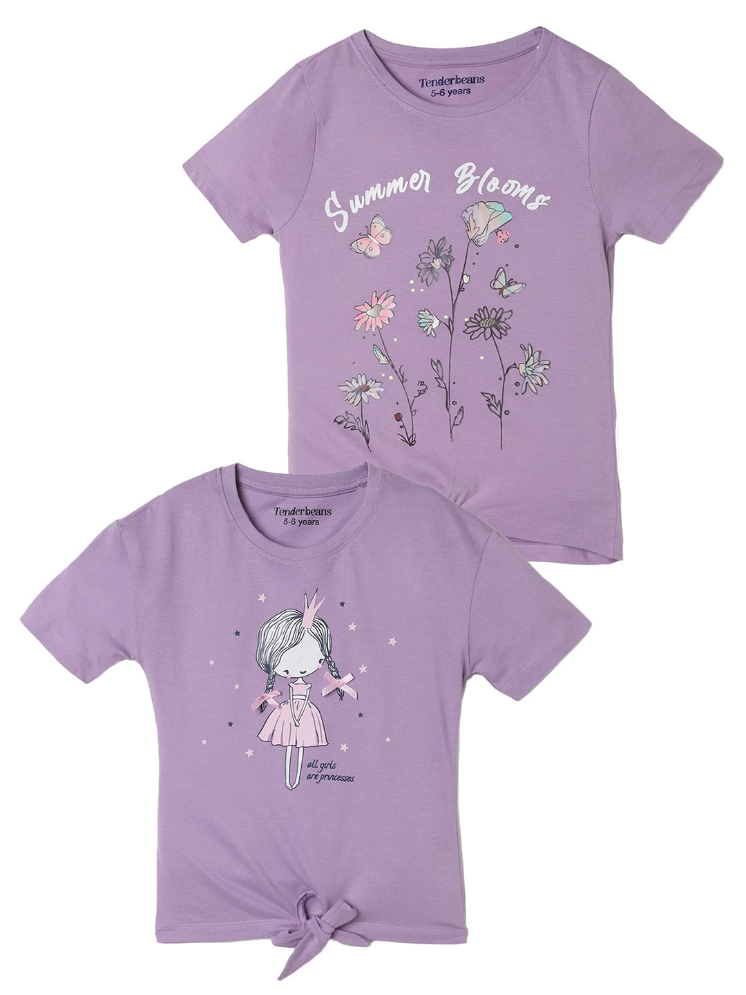 

UrbanMark Girls Pack Of 2 Graphic Printed Pure Cotton T-shirt, Lavender