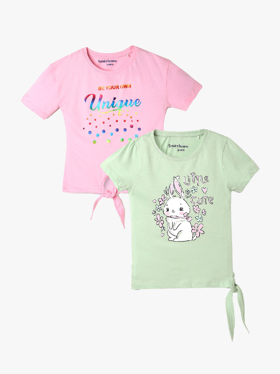 

UrbanMark Girls Pack of 2 Graphic Printed Pure Cotton T-shirt, Green