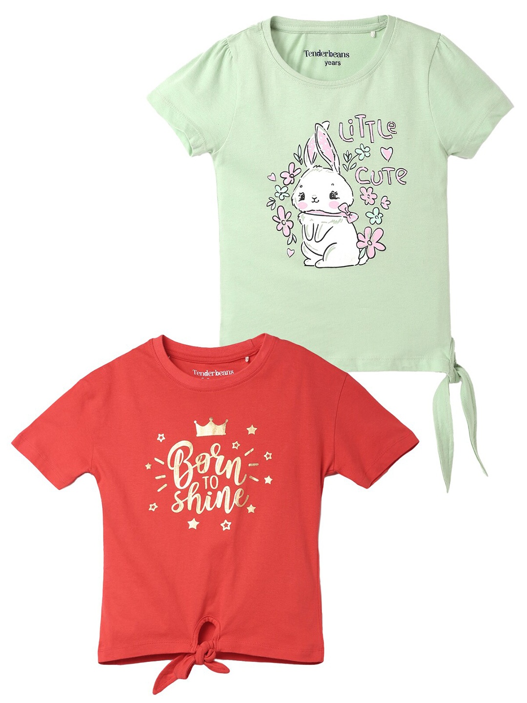 

UrbanMark Girls Pack Of 2 Graphic Printed Pure Cotton T-shirt, Green