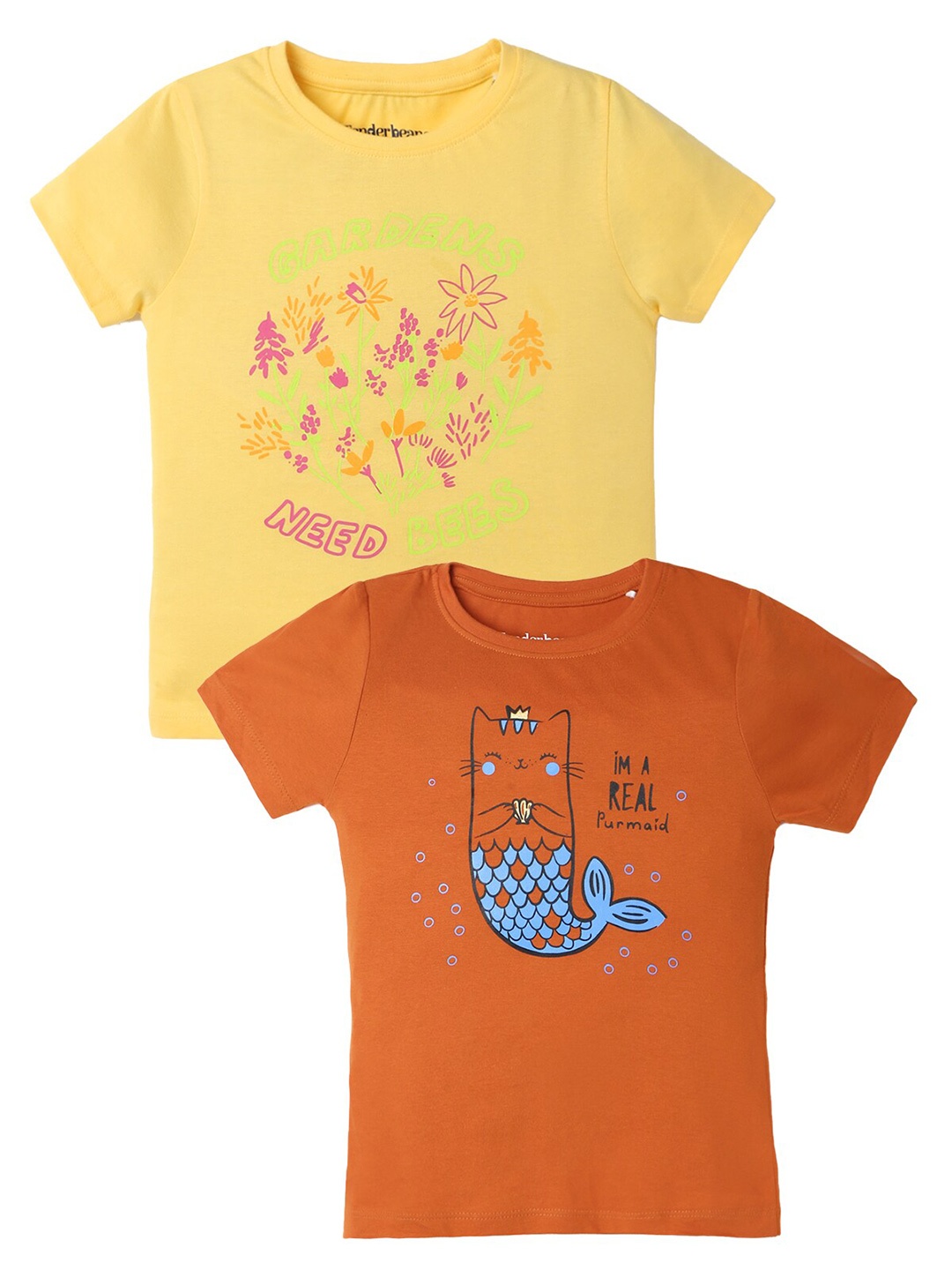 

UrbanMark Girls Pack of 2 Printed Pure Cotton Short Sleeved T-shirts, Yellow