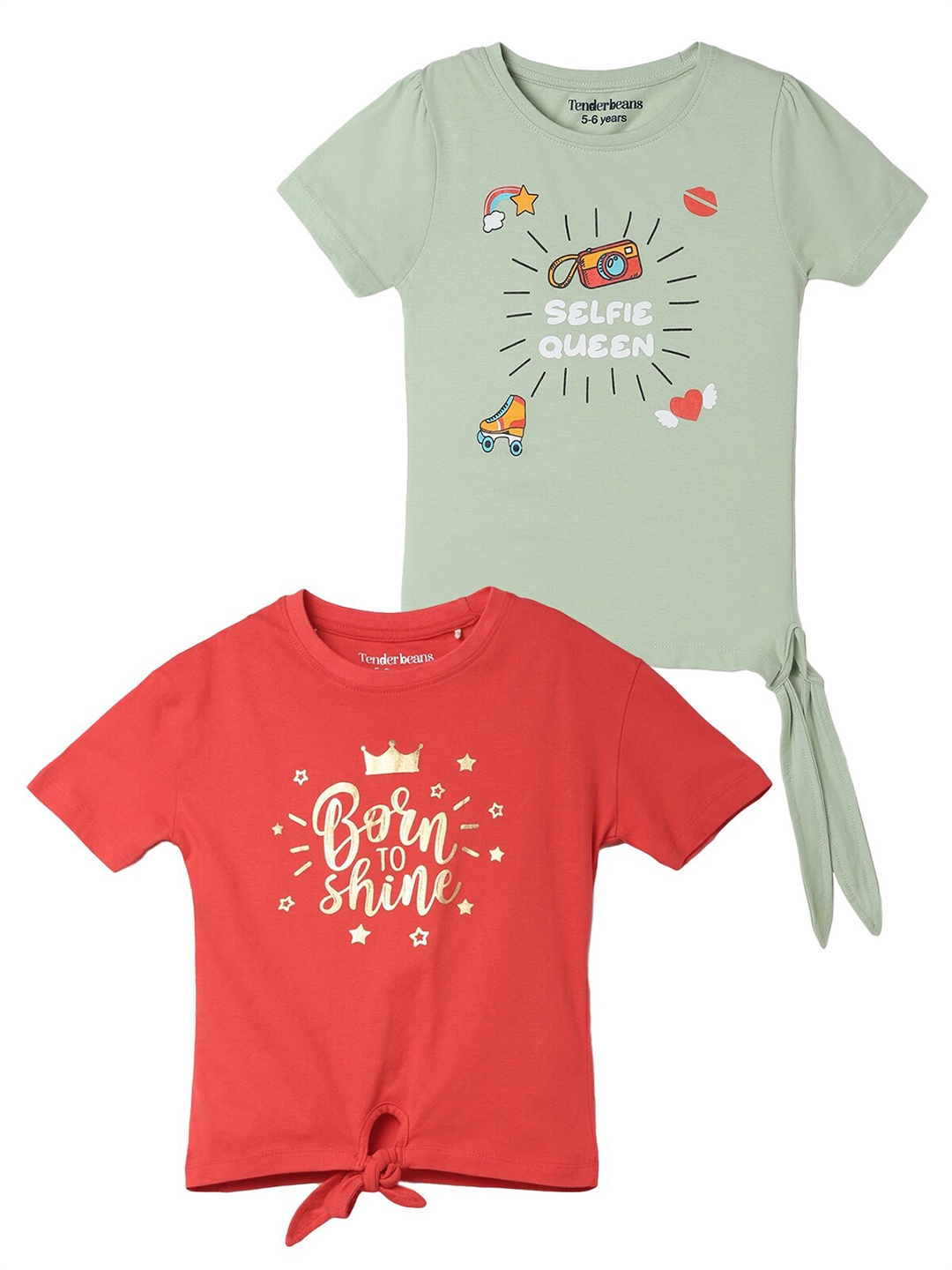 

UrbanMark Girls Pack Of 2 Graphic Printed Pure Cotton T-shirt, Green