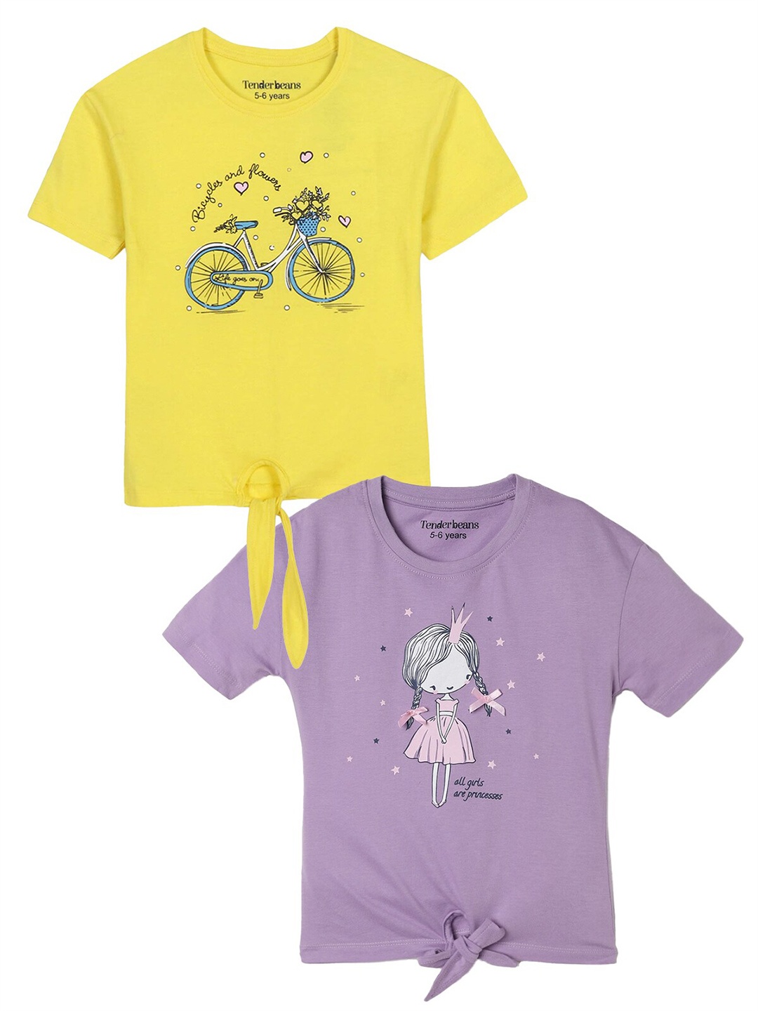 

UrbanMark Girls Pack Of 2 Printed Round Neck Cotton Regular Fit Tops, Yellow
