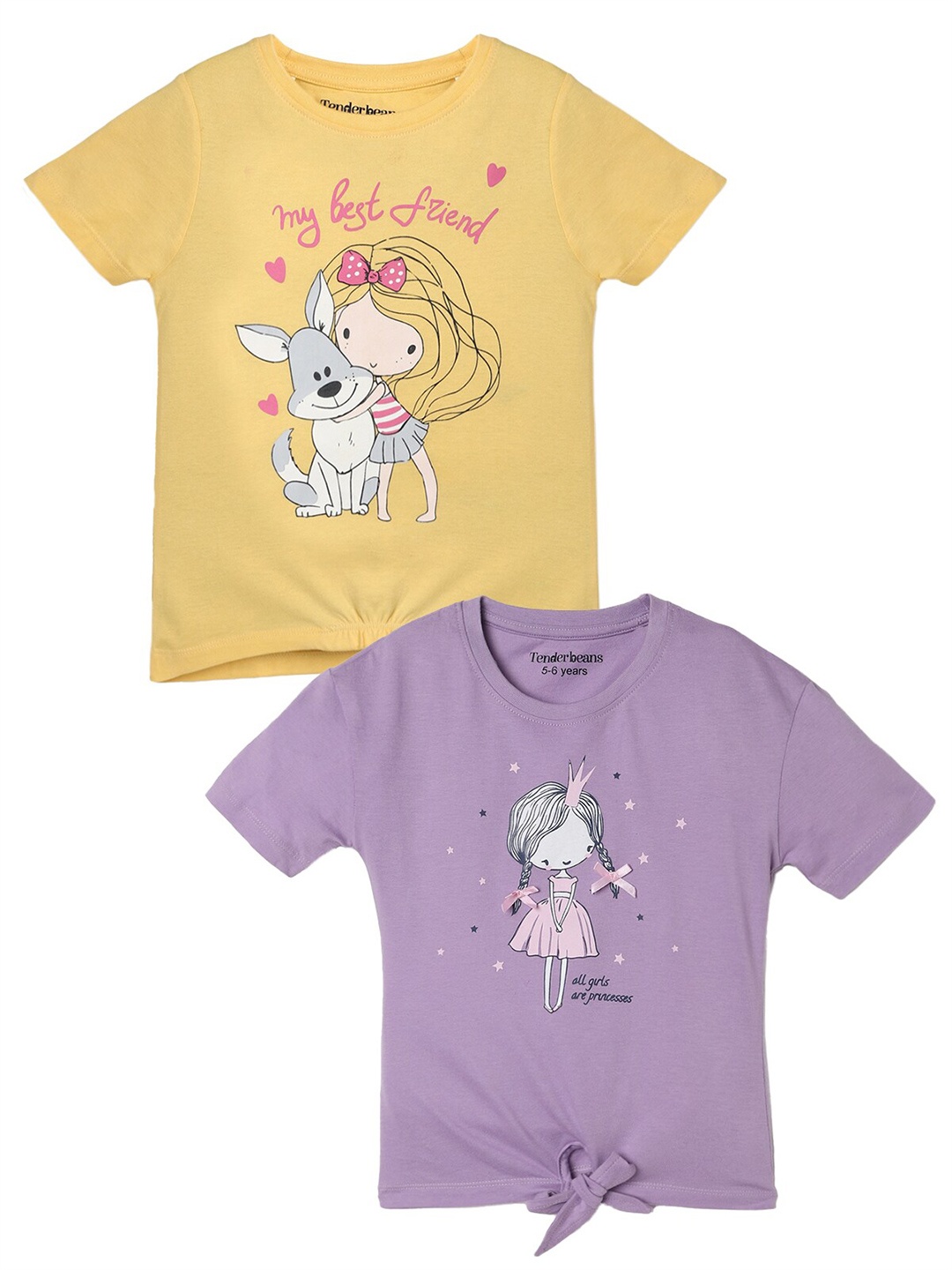 

UrbanMark Girls Pack of 2 Graphic Printed Pure Cotton T-shirt, Lavender