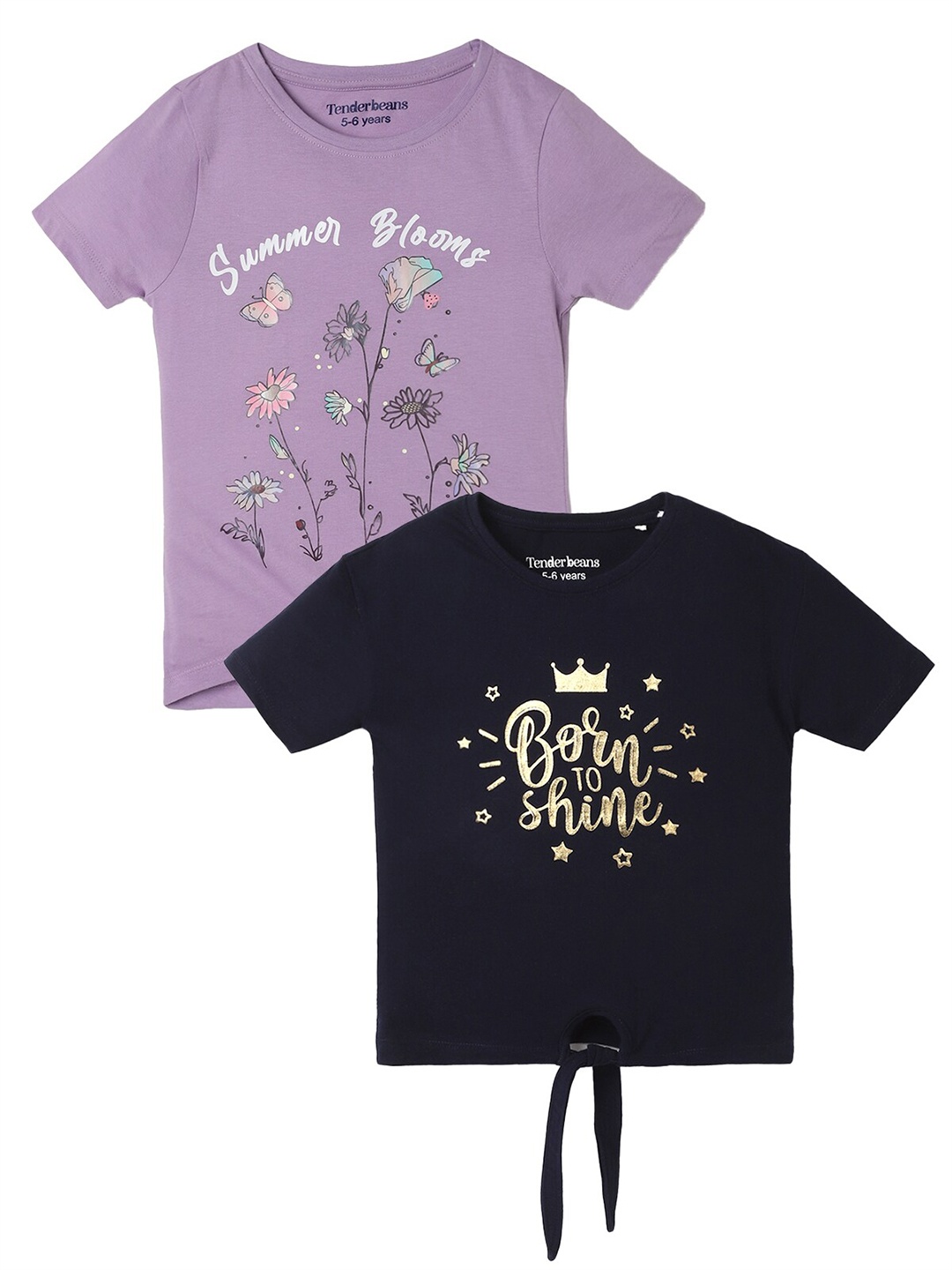 

UrbanMark Girls Pack of 2 Printed Pure Cotton T-shirt, Navy blue