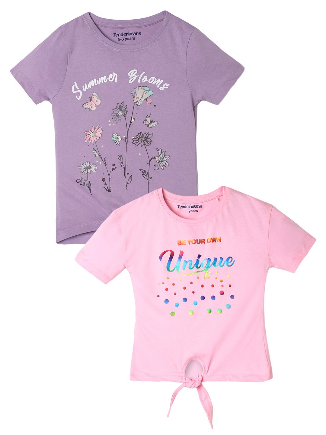 

UrbanMark Girls Pack Of 2 Graphic Printed Pure Cotton T-shirt, Lavender