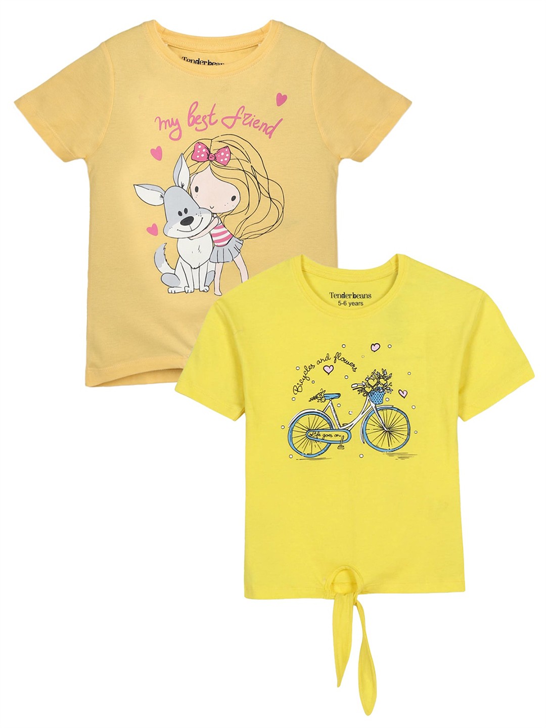 

UrbanMark Girls Pack Of 2 Graphic Printed Pure Cotton T-shirt, Yellow