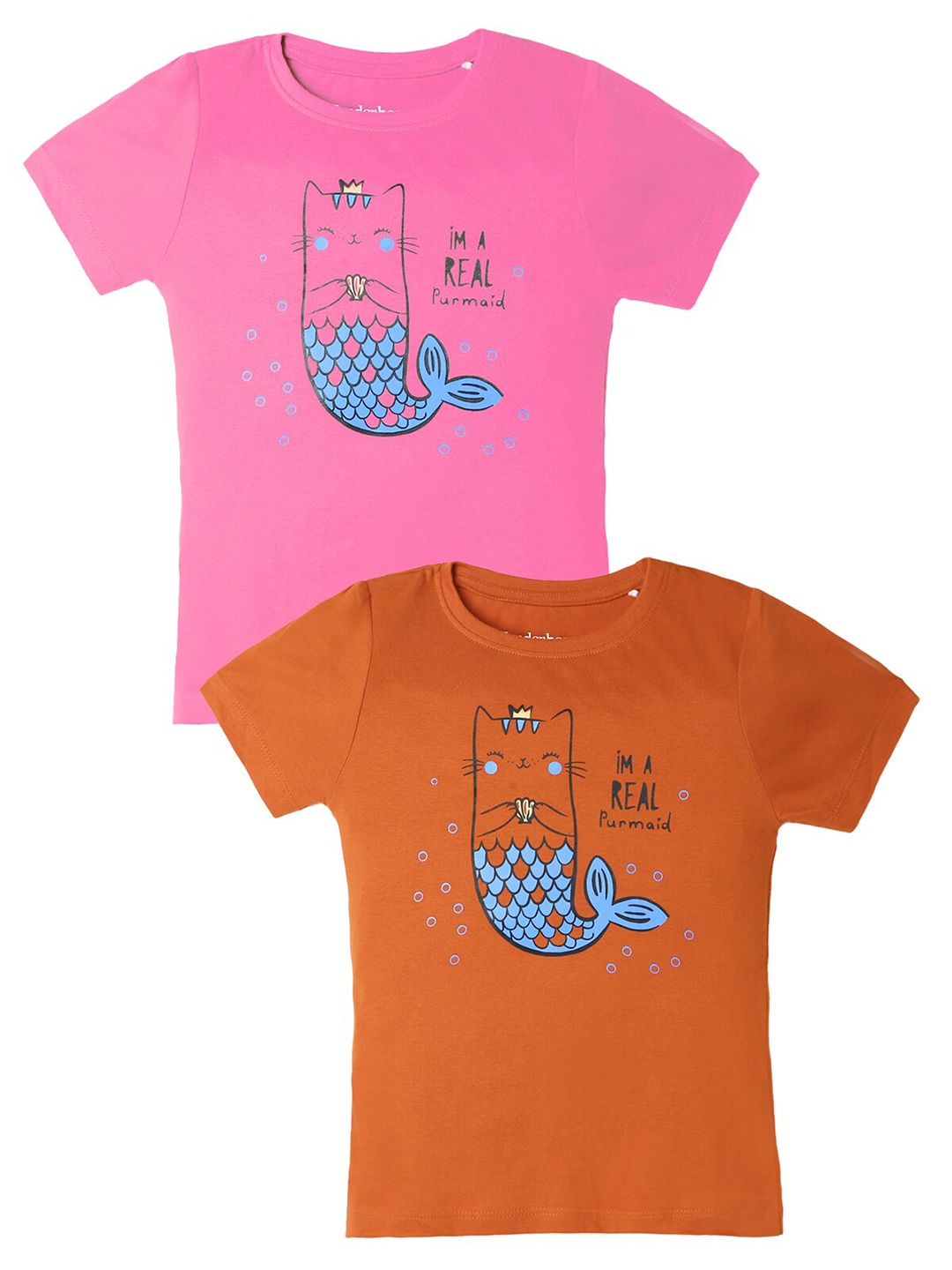 

UrbanMark Girls Pack Of 2 Graphic Printed Pure Cotton T-shirt, Pink