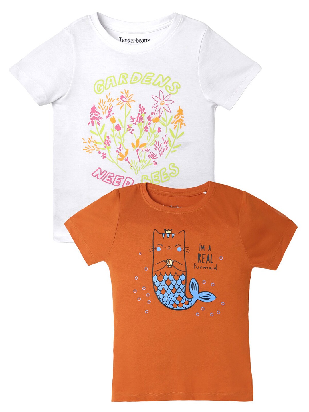 

UrbanMark Girls Pack Of 2 Graphic Printed Pure Cotton T-Shirt, White