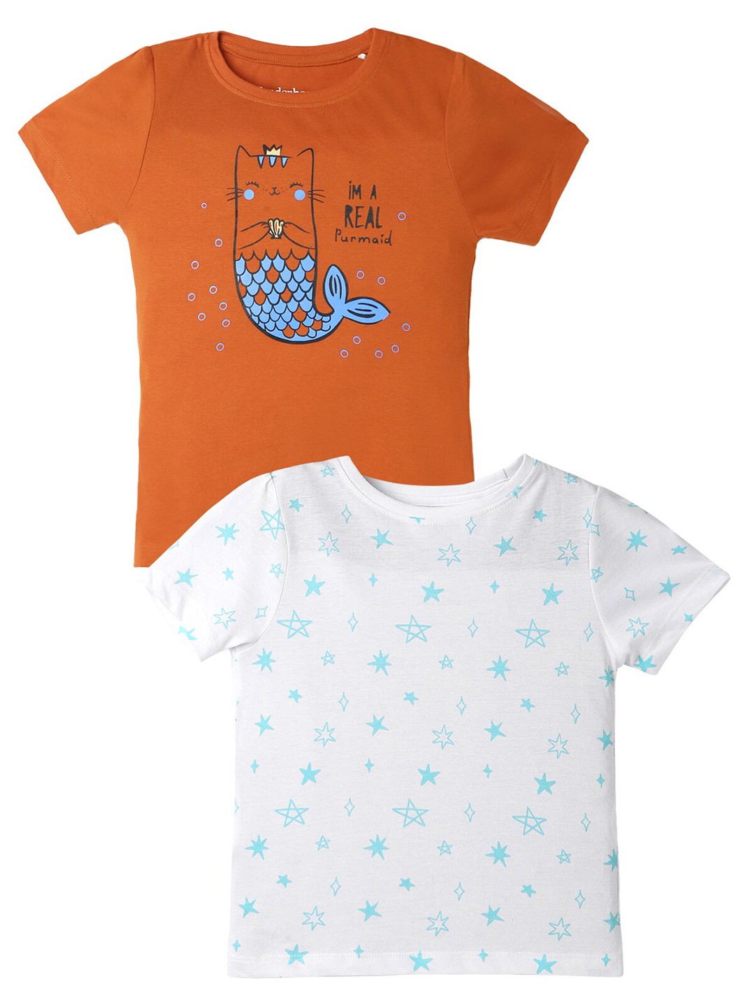 

UrbanMark Girls Pack Of 2 Graphic Printed Pure Cotton T-shirt, White