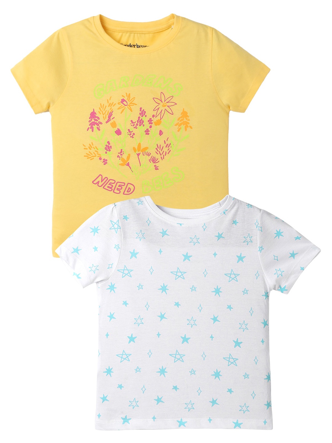 

UrbanMark Girls Pack Of 2 Printed Round Neck Cotton Regular Fit T-shirts, Yellow