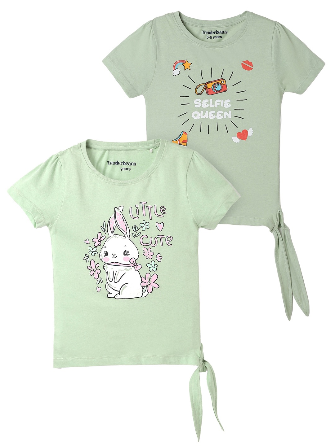

UrbanMark Girls Pack Of 2 Graphic Printed Pure Cotton T-Shirt, Green