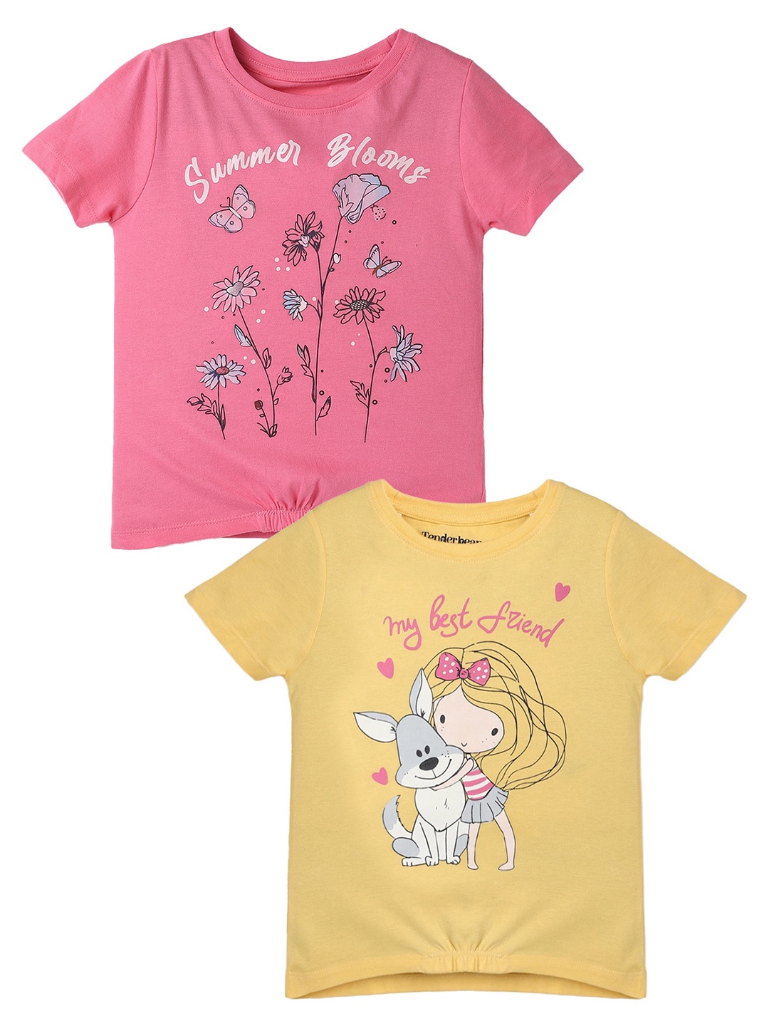 

UrbanMark Girls Pack Of 2 Printed Round Neck Cotton Regular Fit Tops, Pink