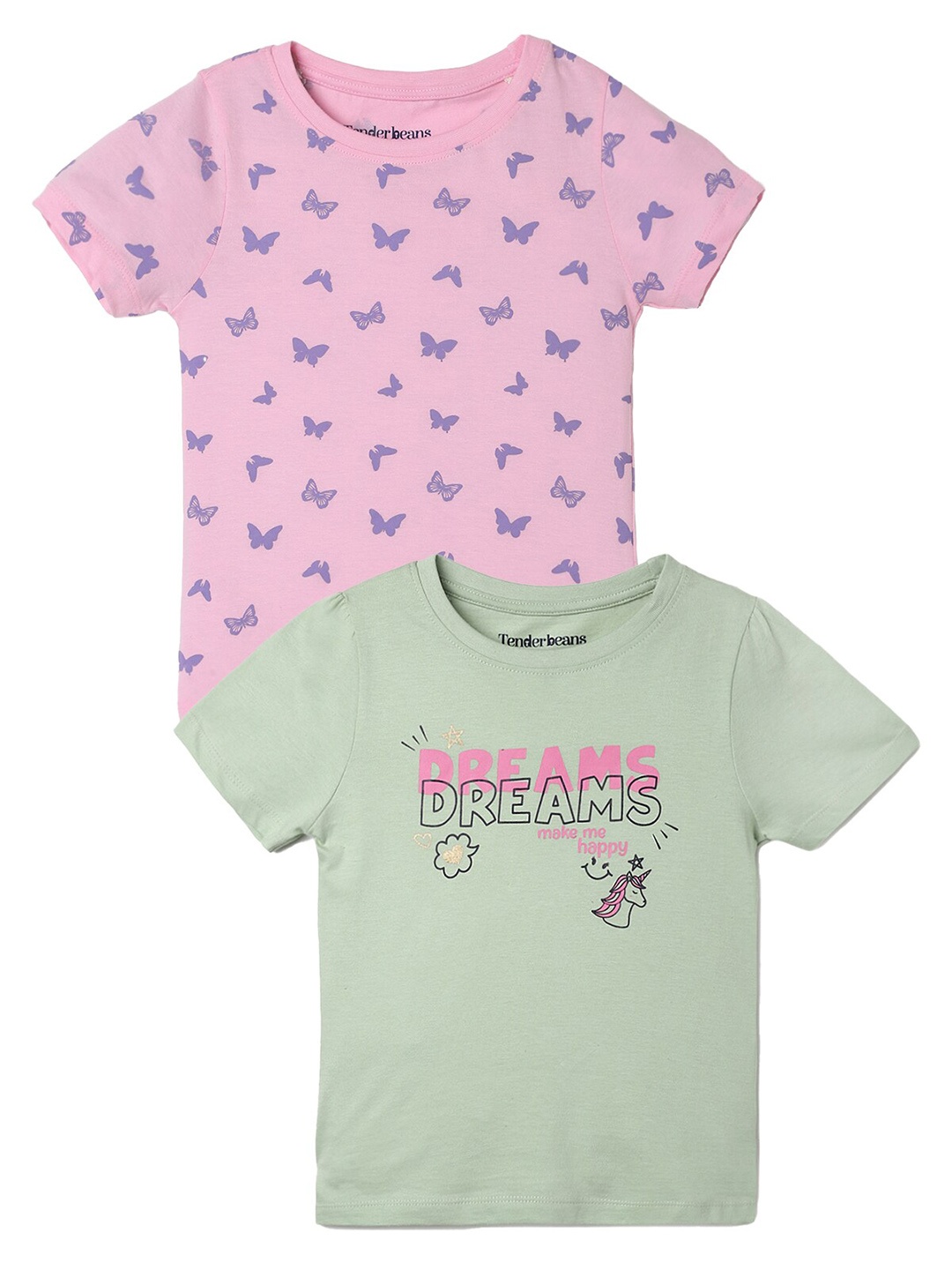 

UrbanMark Girls Pack of 2 Printed Pure Cotton T-shirt, Green