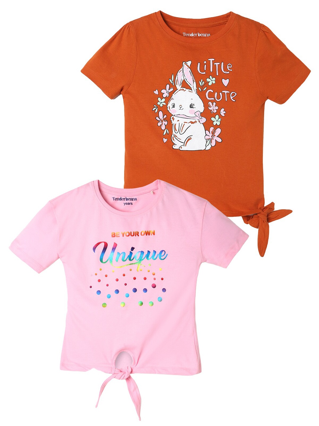 

UrbanMark Girls Pack Of 2 Graphic Printed Pure Cotton T-shirt, Orange