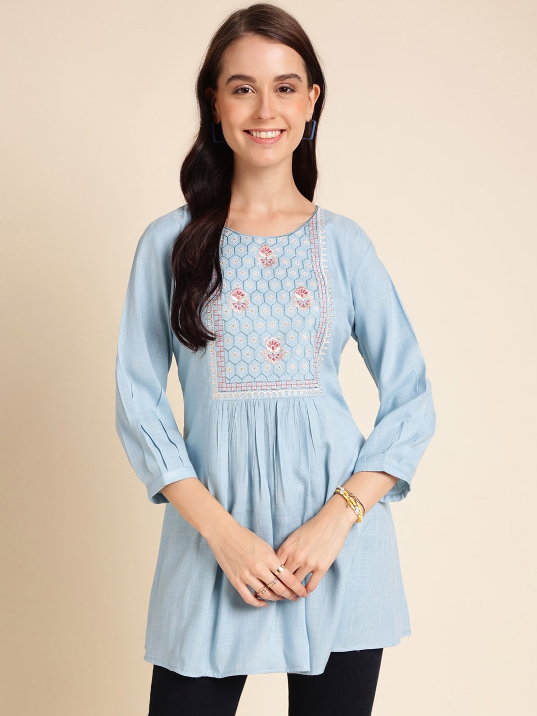 

Sangria Floral Embroidered A-Line Kurti, Blue