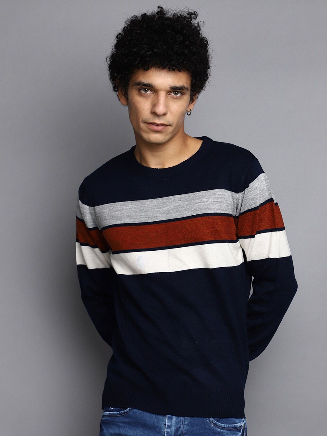 

V-Mart Striped Cotton Pullover Sweater, Blue