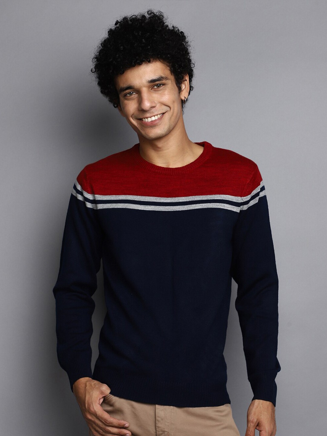 

V-Mart Striped Round Neck Cotton Pullover, Blue