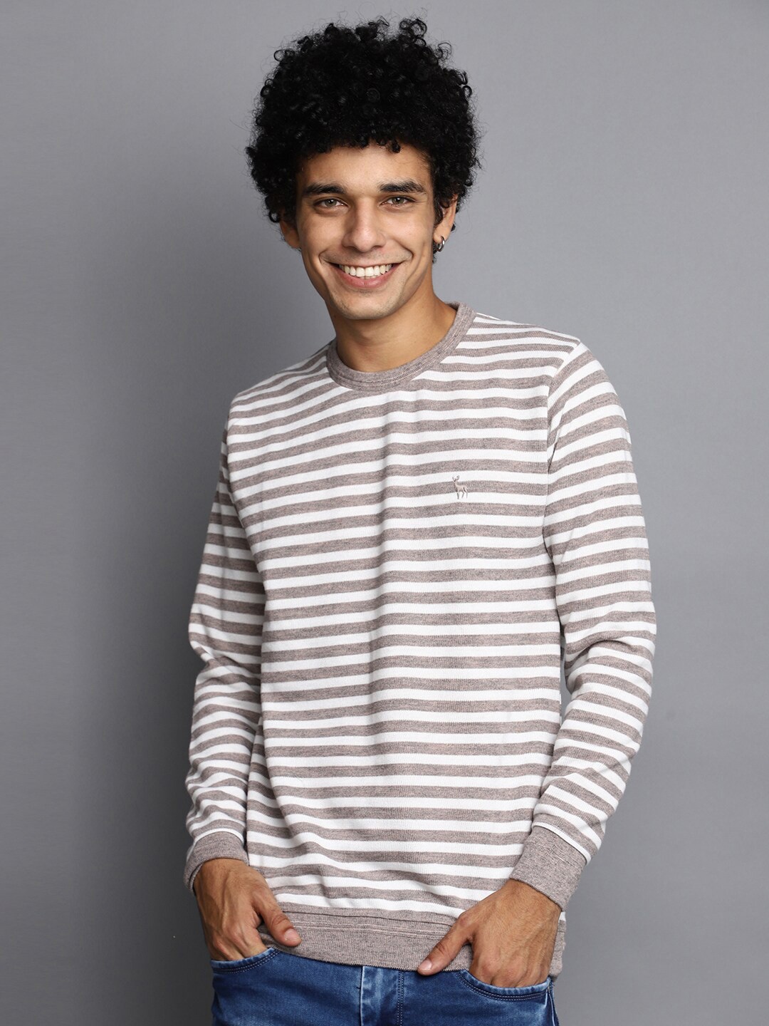 

V-Mart Striped Round Neck Cotton Pullover, Brown